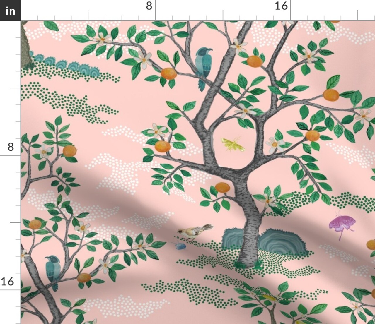 Chinoiserie Pink Botanical Nature Oranges Lemons Birds Custom Printed Fabric by Spoonflower Various Fabrics by the Yard or Fat Quarter